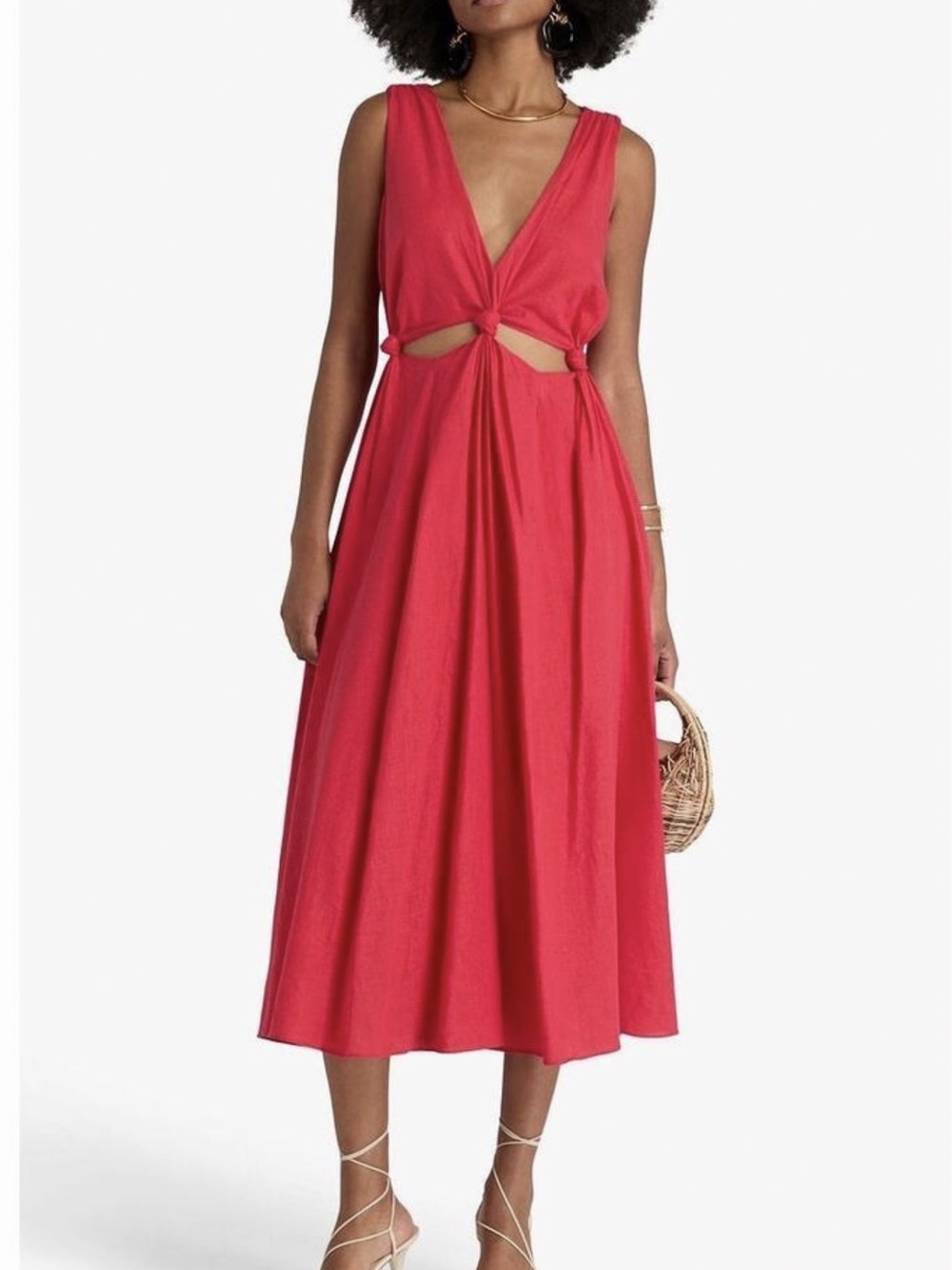FARM Rio Knotted Cutout Linen-Blend Midi Dress – Red M